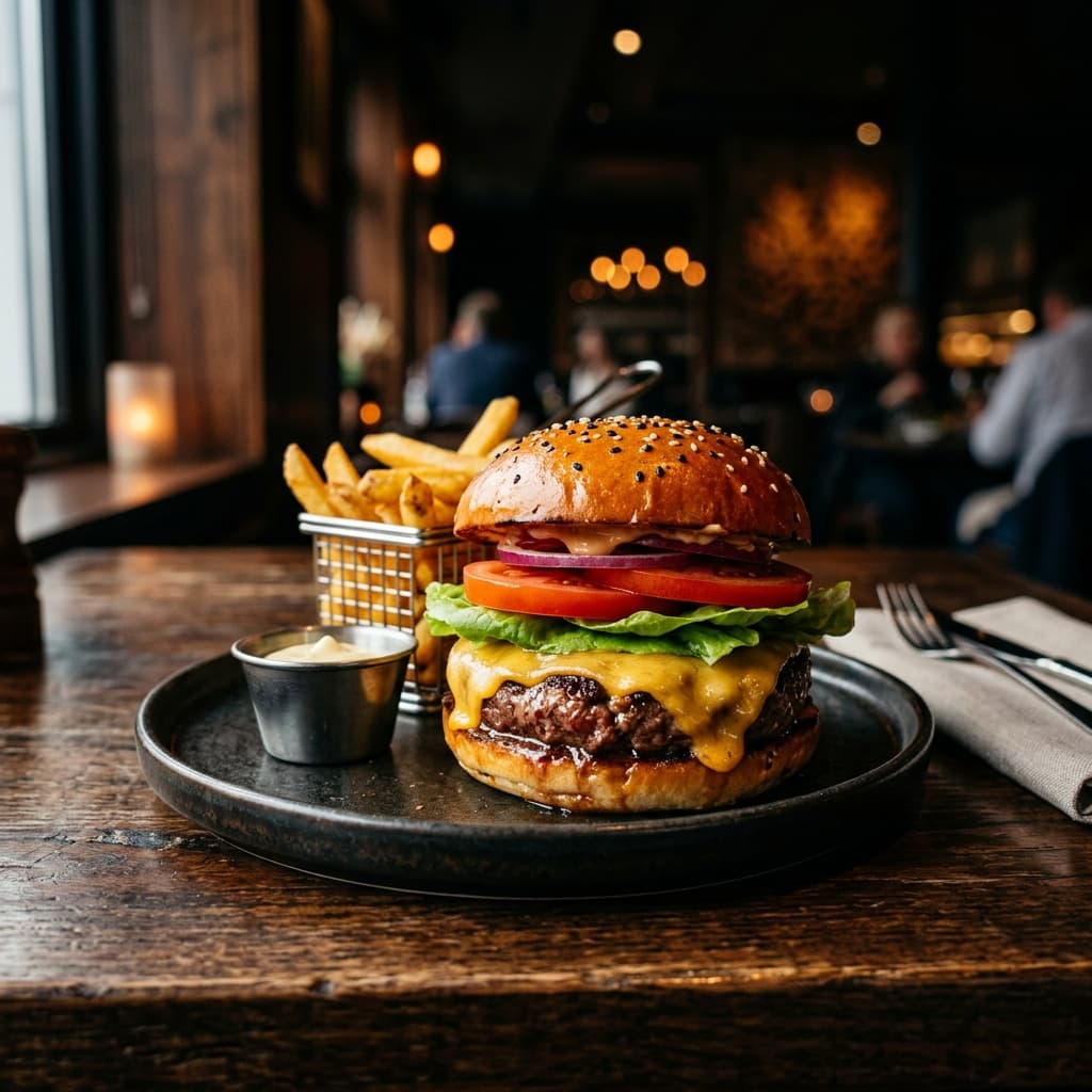 Gourmet juicy burger on a restaurant table